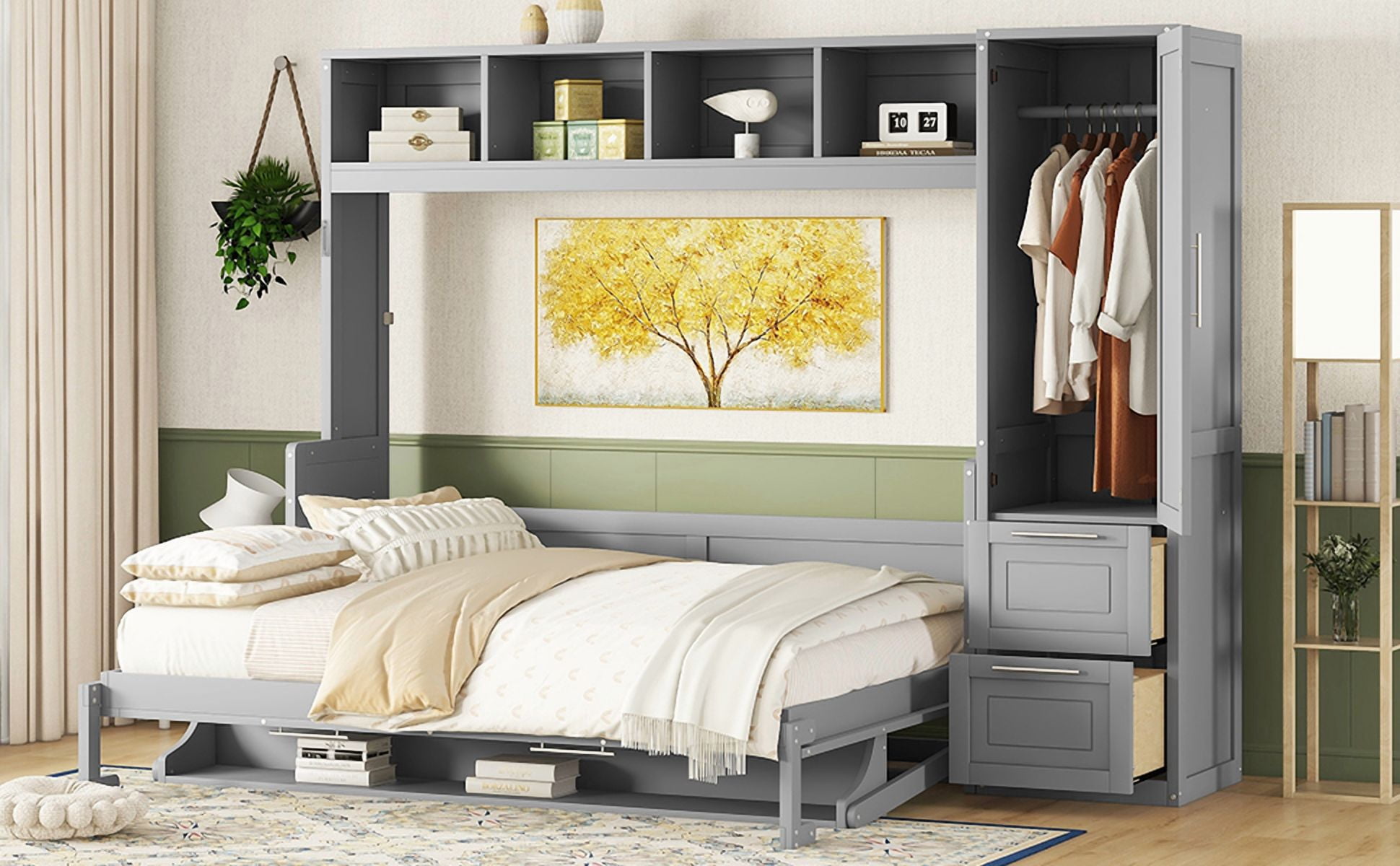 Mintazer Queen Size Murphy Bed with Top Shelf & Wardrobe, Modern Foldable Wall Bed with Drawers for Bedroom Apartment Guest Room, Gray