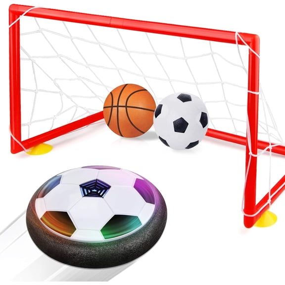 Betheaces Kids Toys Hover Soccer Ball Set with 2 Goals, Air Power Soccer LED Indoor Game Sports Toys - Included Inflatable Football, Basketball, Pump