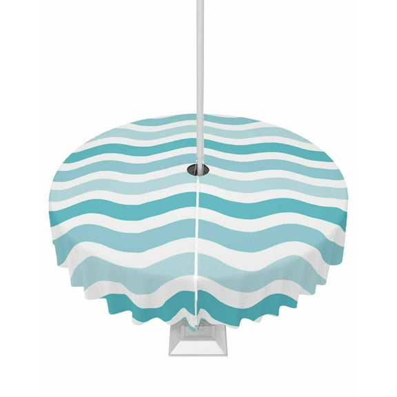 Outdoor Tablecloth with Umbrella Hole for Patio/Picnic/Party/Camping, Turquoise White Ombre Waterproof Table Cloth Round Cover Washable, Modern Geometric Gradient Ocean Striped Dia 54"