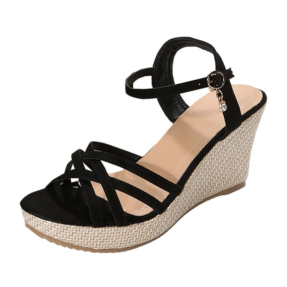 Wedge Sandals for Women with Arch Support Comfortable Slip On Platform Strappy Sandal Braided Espadrilles Open Toe Dress Shoes Black Size8