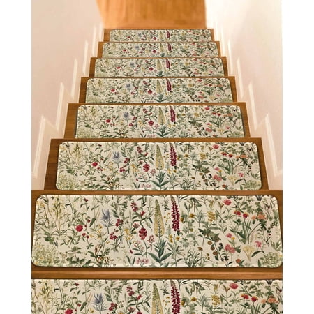 Vintage Plant Stair Treads for Wooden Steps Indoor Runner Rug Carpet Boho Botanical Flowers Green Leaf Ferns 4 Pieces Peel and Stick Staircase Step Treads Covers Washable Throw Door Mats 30 x8