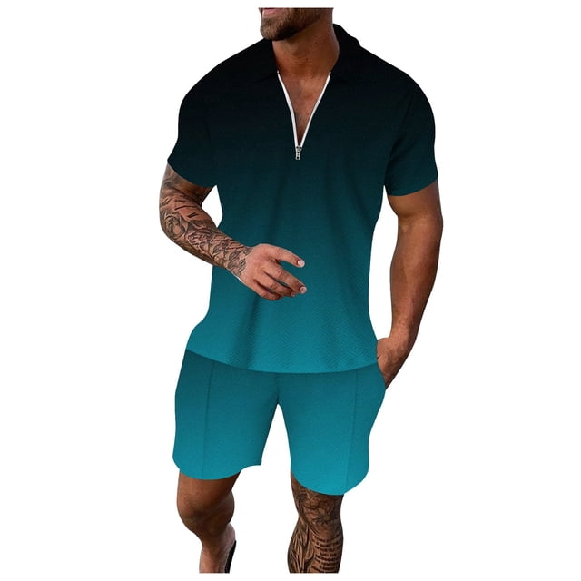 Ediodpoh Male Casual Striped Gradient Ramp Print Two Piece Zipper Short Sleeve Top Blouse Suit Drawstring Pocket Short Set Two Piece Sets for Men Navy_002 XXL