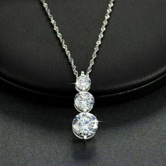 3Ct Round Cut Lab Created Diamond Three Stone Pendant 18" Chain 14K White Gold Plated Silver