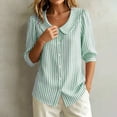 thumbnail image 5 of Women's Striped Shirt with Pan Collar, 3/4 Puff Sleeve Button Down Casual Blouse, 5 of 8