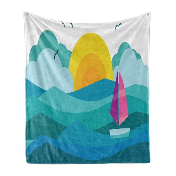 Colorful Soft Flannel Fleece Blanket, Contemporary Art Style Sunny View of Ocean with Sailing Yacht Marine Travel Hobby, Cozy Plush for Indoor and Outdoor Use, 50" x 70", Multicolor, by Ambesonne