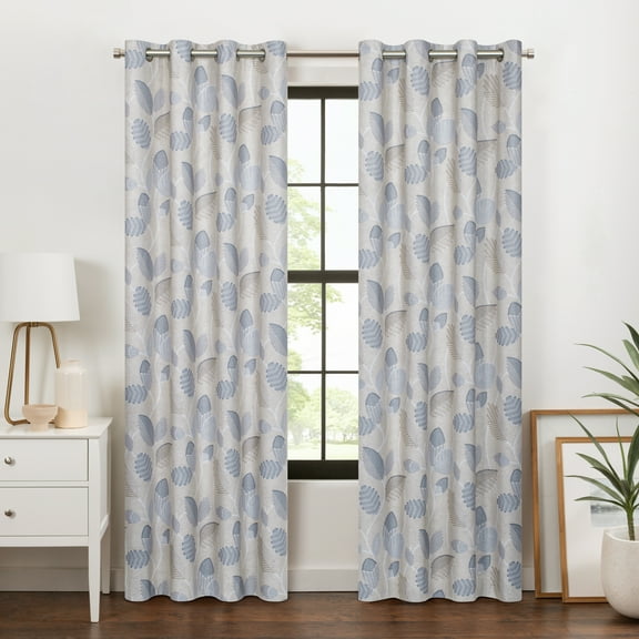 Eclipse 100% Blackout Curtain, Larissa Leaf Grommet Curtain, 63 In Long x 50 In Wide, Botanical Print, Sky Blue