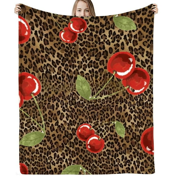 Contemporary Leopard Cherry Print Knitted Throw Blanket Digital Print 200-250g Lightweight Fabric Versatile Anime Themed Decorative with All-Season for Family and Friends