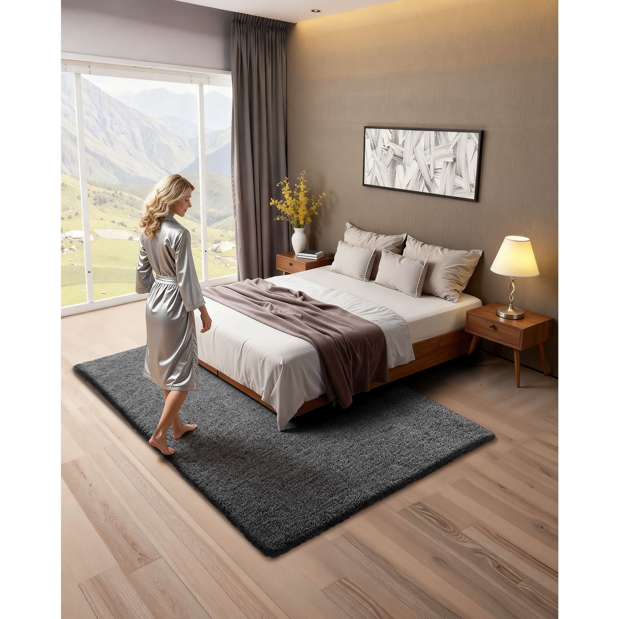 Plush Area Rug, 5 x 8 ft, 1.38" Thick Fluffy Surface, Soft Long-Fiber, Non-Slip Dotted Base, Modern Design, for Living Room, Bedroom, Study & Sunroom
