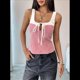 thumbnail image 4 of Camiseta de Tirantes de Cuadros para Mujer, Cuello Cuadrado con Ribete en Contraste, Sin Mangas, con Lazo en la Parte Delantera, Corte Entallado, para Verano. Rojo L, 4 of 10
