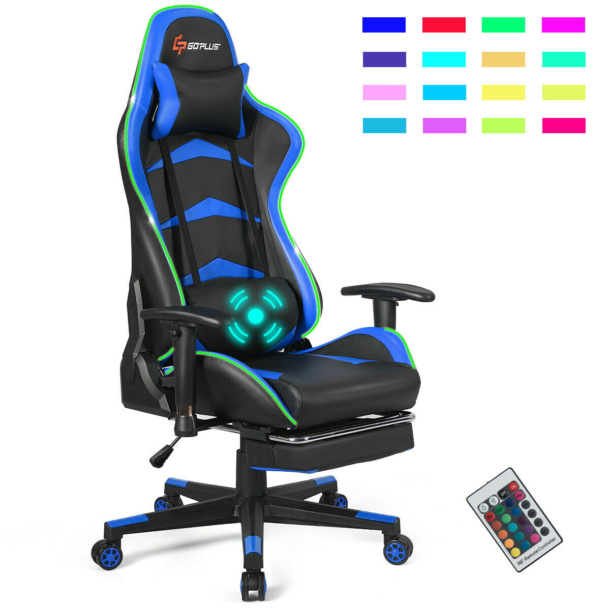 Goplus Massage LED Gaming Chair Reclining Racing Chair w/Lumbar Support