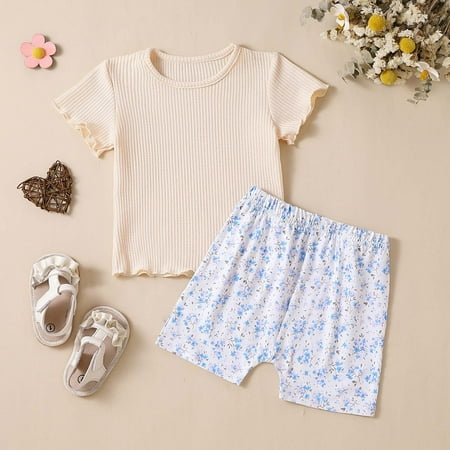 

Toddler Girls Short Sleeve T Shirt Pullover Tops Floral Prints Shorts Outfits Kids Clothing