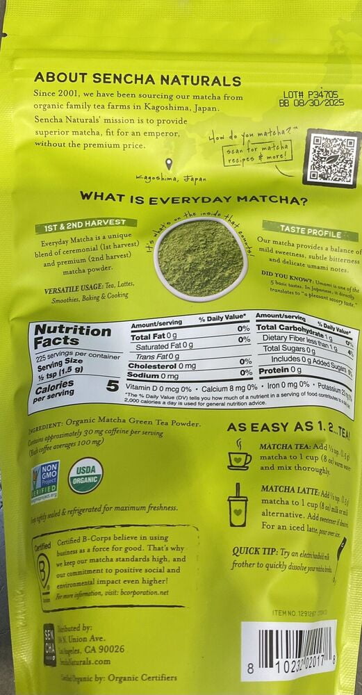 ORGANIC Everyday Matcha 100% Japanese Green Tea Powder 12 oz Bag