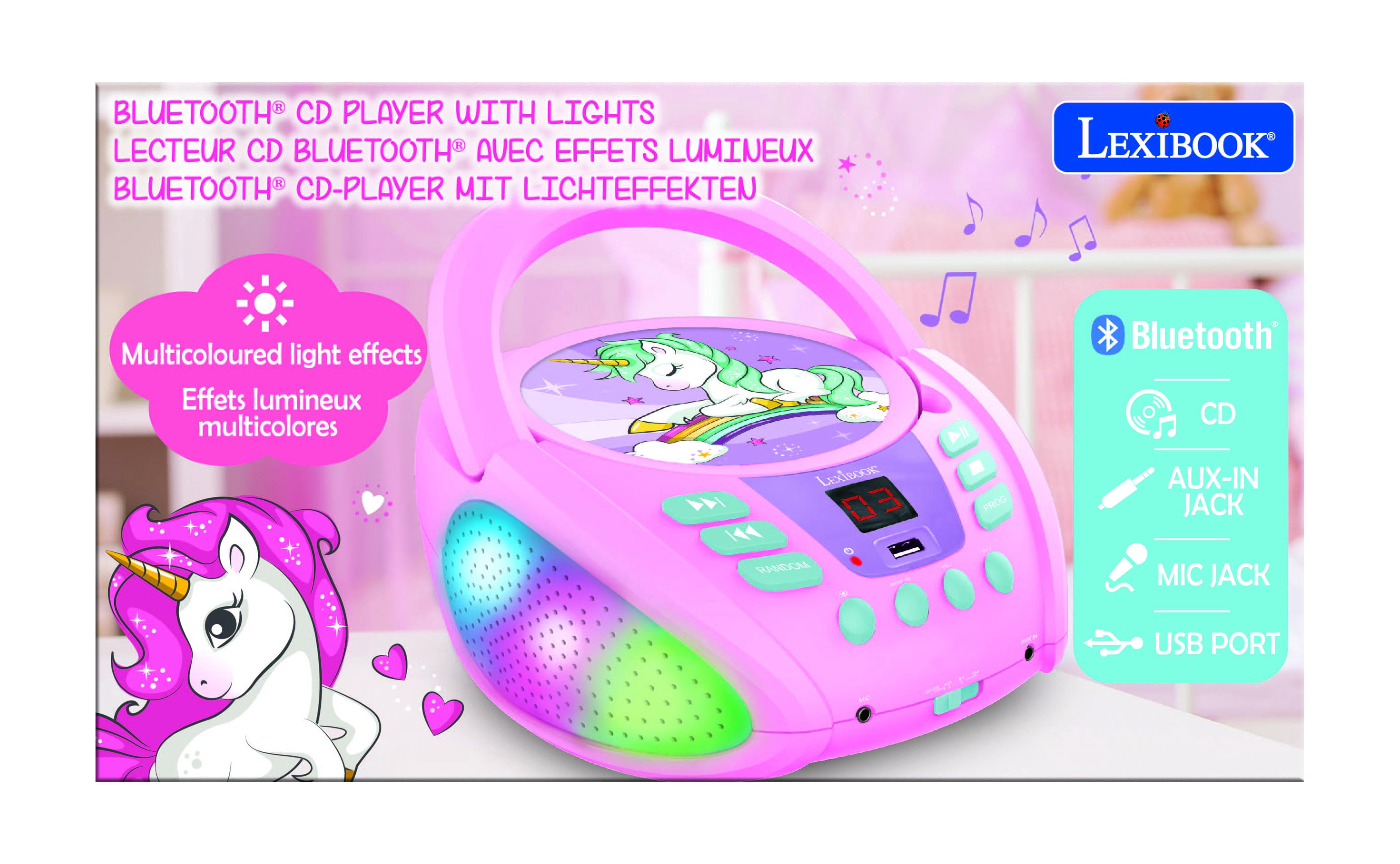 Lexibook Unicorn - Bluetooth CD player for kids – Portable, Multicoloured light effects, Microphone jack, Aux-in jack, AC or battery-operated, Girls, Boys, Pink