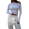 thumbnail image 3 of Fortune Women Basic Slim T-Shirts Solid Long Sleeve Ruched Off Shoulder Crop Top, 3 of 7