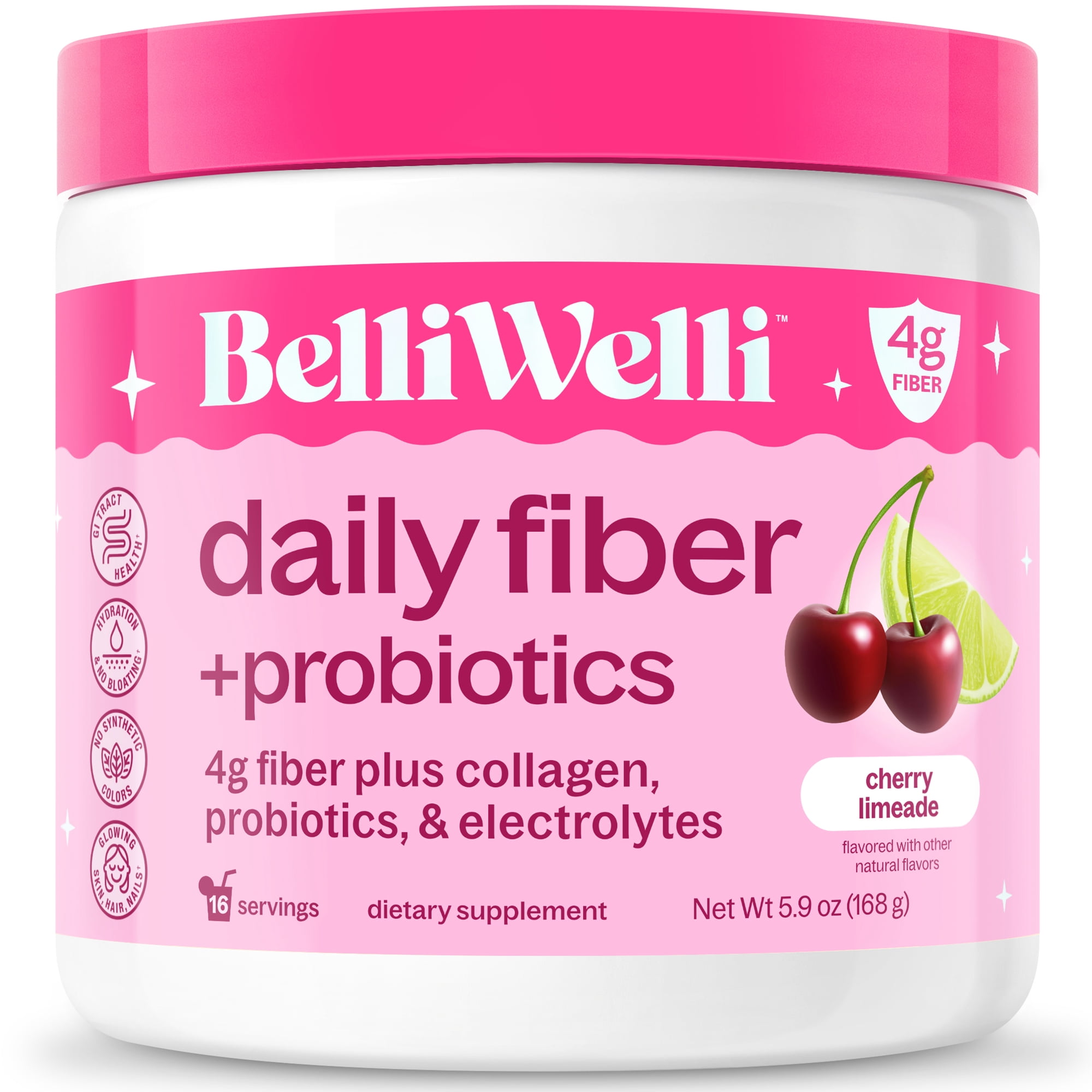 BelliWelli 4-in-1 Daily Fiber Supplement, Probiotics, Collagen & Electrolytes, Cherry Limeade