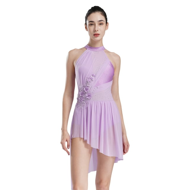 Manyakai Robe de Danse Lyrique pour Femmes avec Appliqués, Dos Nu à Bretelles, Jupe Asymétrique, Justaucorps-Robe à Strass, Violet Pâle, S