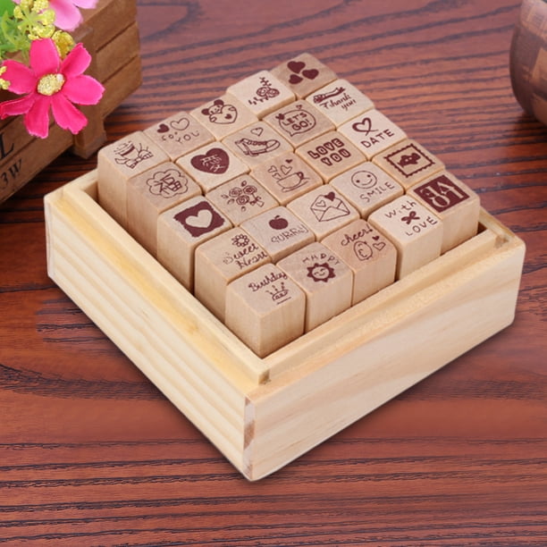 Cuadros Decorativos Juego de sellos de madera y goma para diario de amor, 25 uds., bricolaje con caja de madera