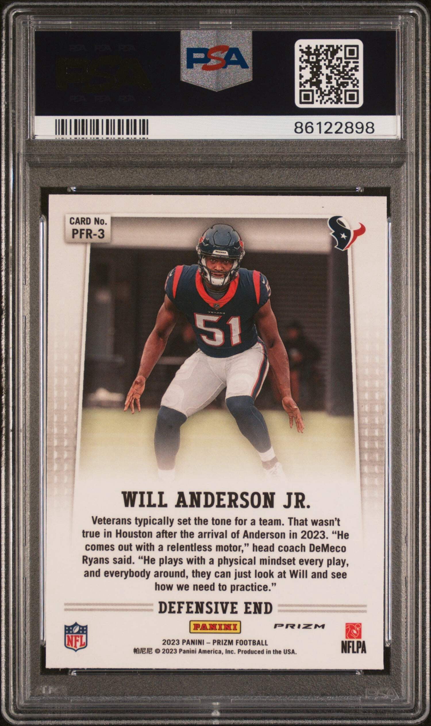 Graded 2023 Panini Prizm Will Anderson #PFR3 Flashback Rookie RC Football Card PSA 10 Gem Mint