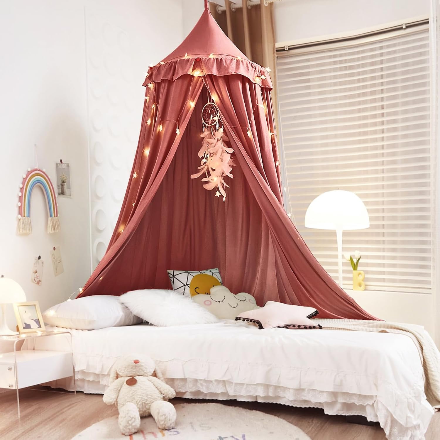 Decor Canopy for Kids Bed, Soft Smooth Playing Tent Canopy Girls Room Decoration Princess Castle, Dreamy Mosquito Net Bedding, Children Reading Nook Canopies in Home (Red Bean Color)
