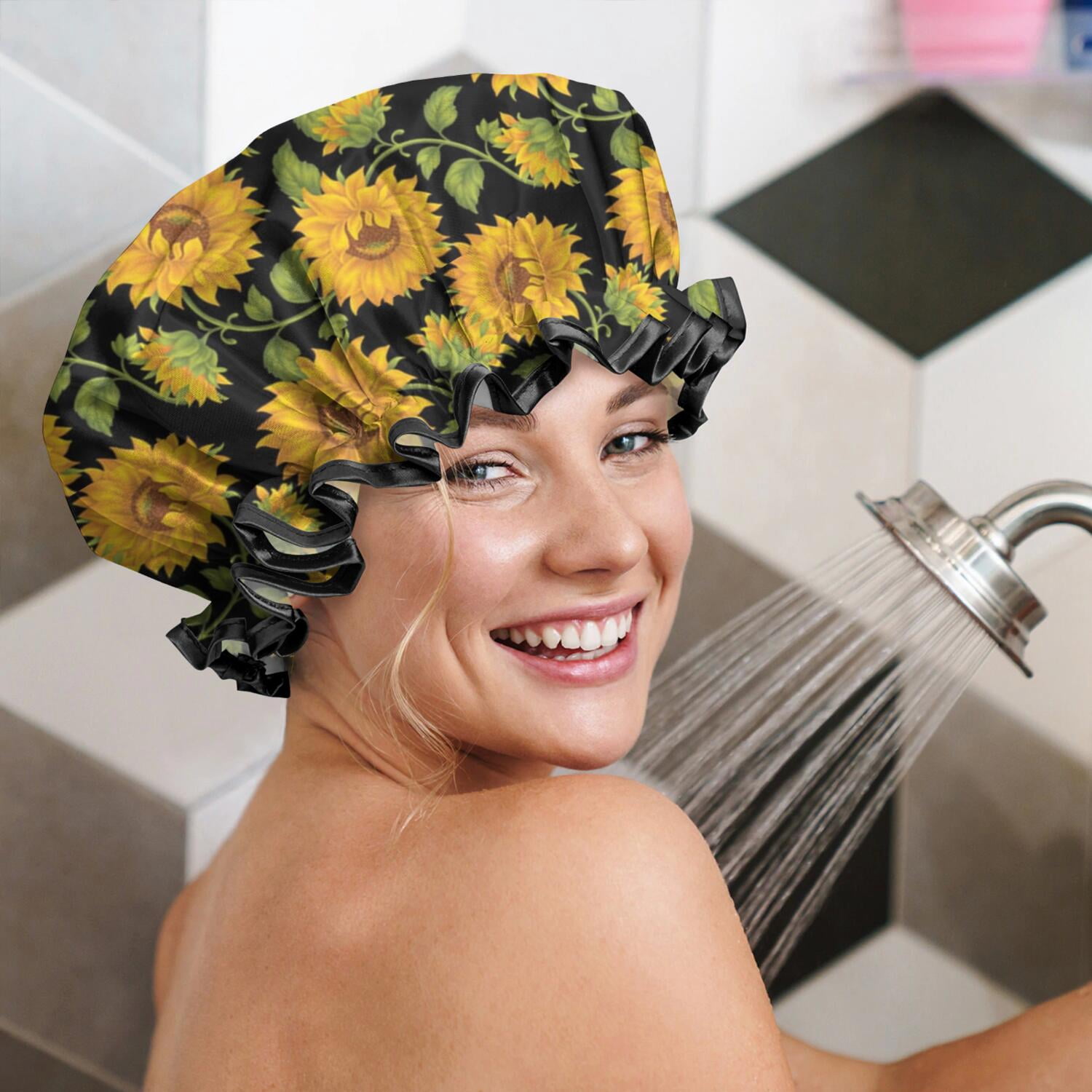 Shower Caps,Black Green Stem Sunflower Pattern Waterproof Shower Cap for Women 4 Pieces,Double Reusable Hair Cover for Shower PEVA Elastic Stretch Hem