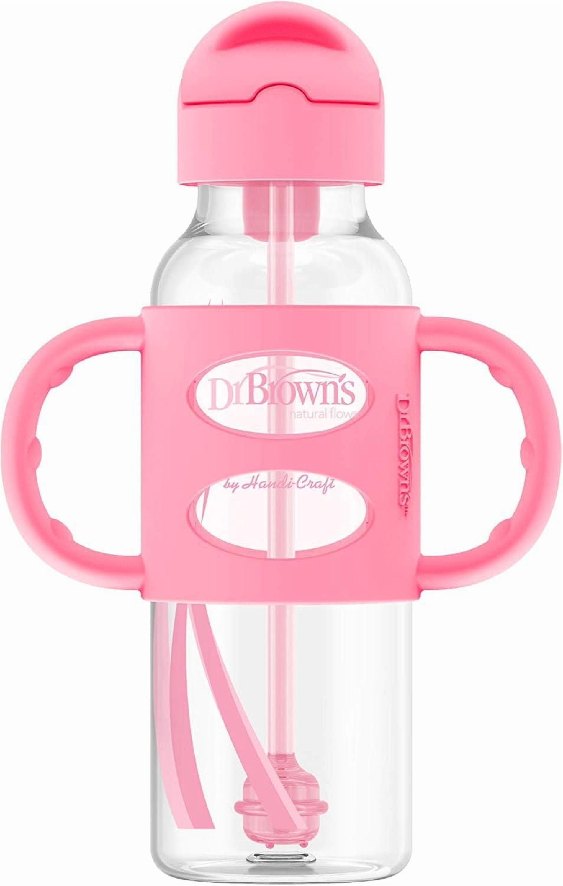 Dr. Brown's Milestones Narrow Sippy Straw Bottle, Spill-Proof with 100% Silicone Handles, Gray/Pink, 6m+, 2x8oz Bottles