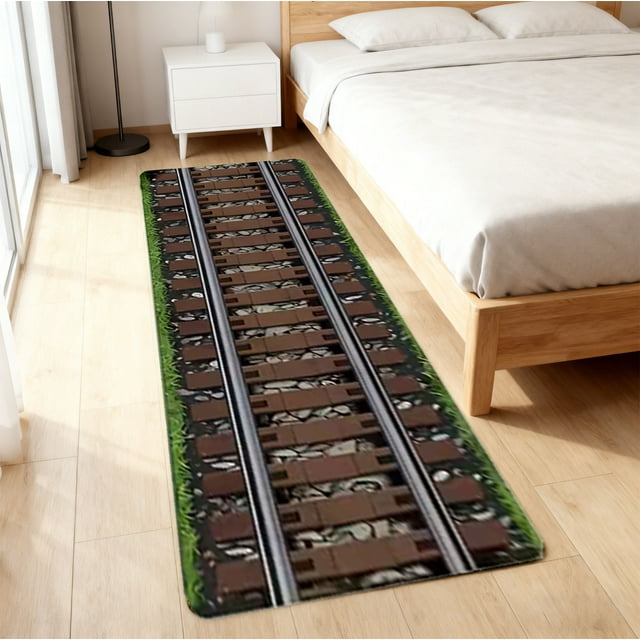 Alfombra de pasillo con diseño de vías de tren | Antideslizante y absorbente para cocina y entrada | 50 x 150 cm, poliéster multicolor, para uso en interiores