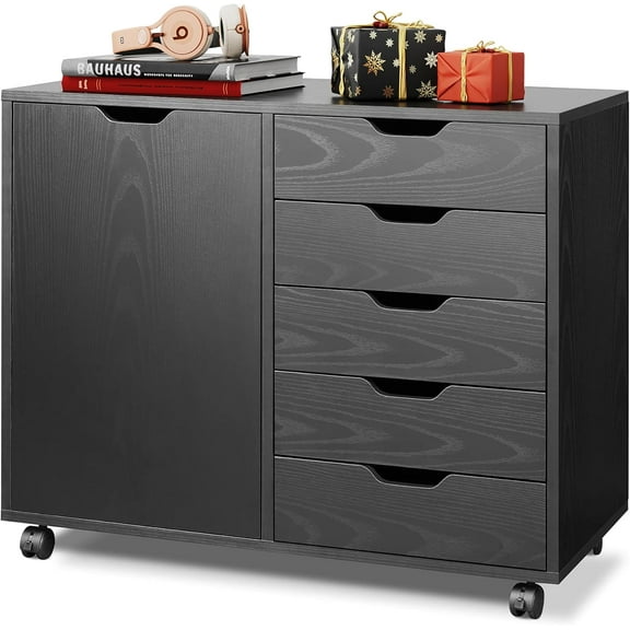 YEXJ 5-Drawer Wood Dresser Chest with Door, Mobile Storage Cabinet, Printer Stand for Home Office,Black
