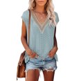 thumbnail image 1 of Whataatahia Mujeres Ahueca Hacia Fuera el Top de Cuello En V Profundo de Encaje de Empalme Elegante Transpirable Cómodo de Manga Corta Camisa Superior para el Verano Azul XL, 1 of 5