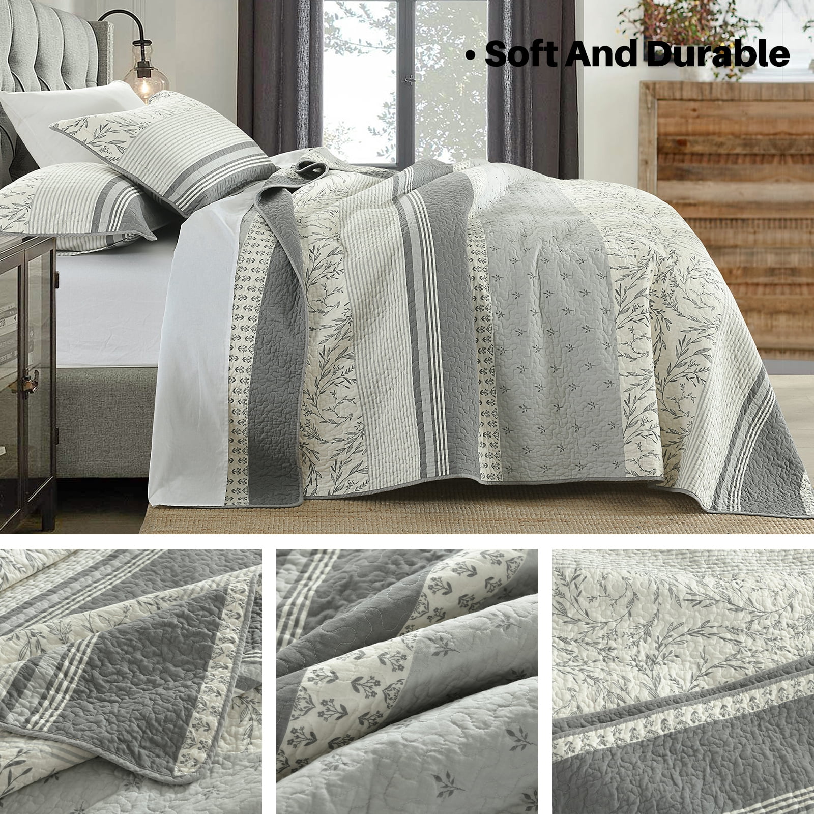 Bedduvit Striped Gray King Size Quilts - 100% Cotton Vintage Botanical Floral King Quilted Bedspread, Lightweight Framhouse Summer Print 3-Piece Bedding Set, Retro Decor Coverlet for King Bed, 98x106