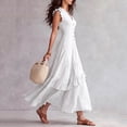 thumbnail image 4 of ChaoHeng Summer Dress Maxi Dresses for Women Solid V Neck Sleeveless Button Layer Ruffle Flowy Long for White S, 4 of 8