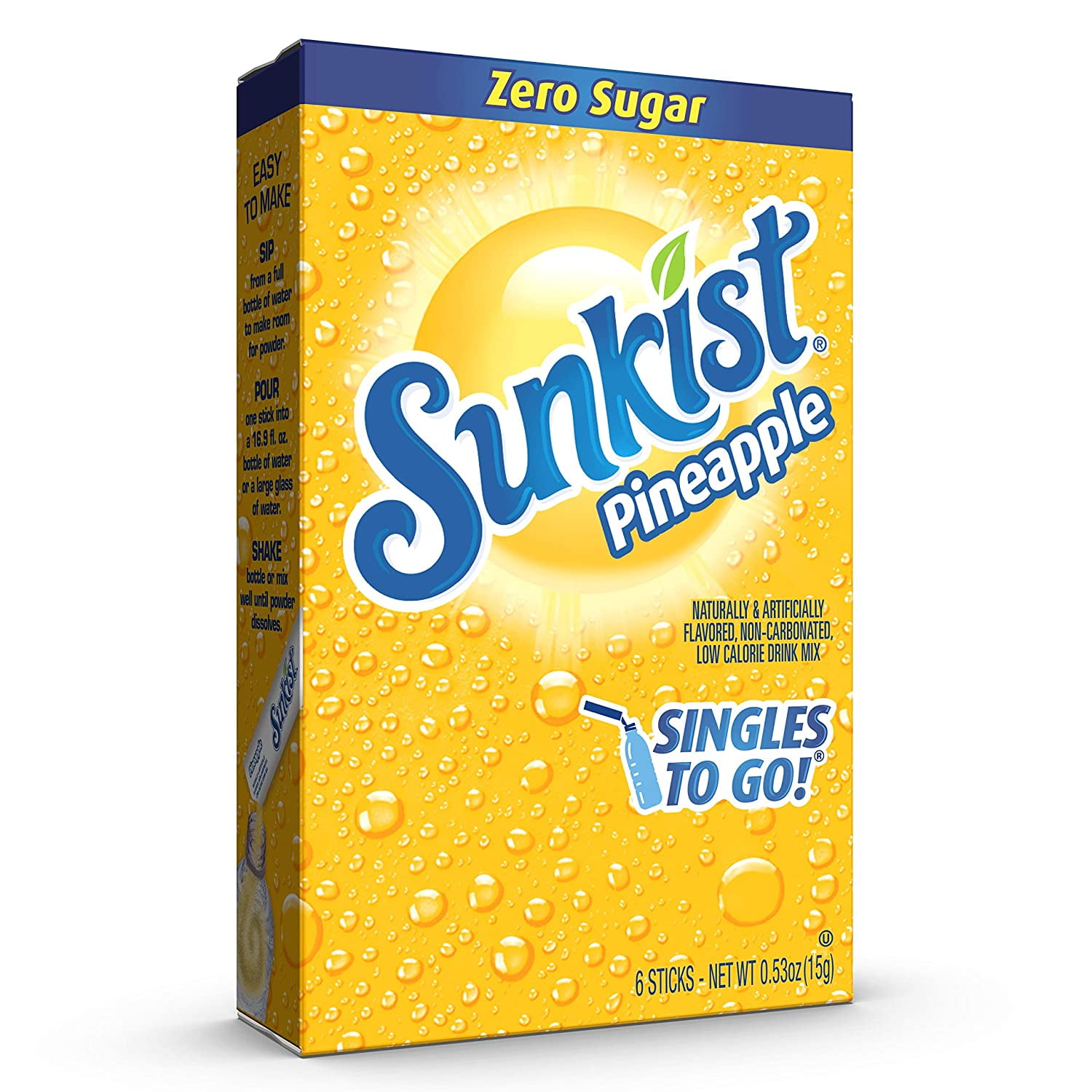 Sunkist Soda Singles-To-Go Zero Sugar Drink Mix Pineapple ( 12 Boxes, 72 Sticks Total) Caffeine Free and Non-Carbonated  Makes 72 Glass Flavored Water Beverages