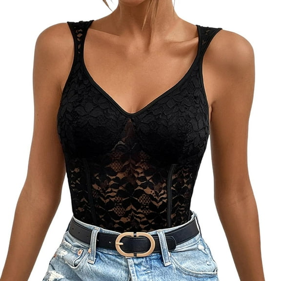 Ticikt Womens Floral Lace Bodysuit Tops V Neck Bodysuits Elegant Puffy Sleeveless T Shirts Outfits,Color:Black,L