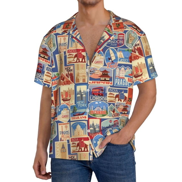 Balery Set Of Travel Vintage Camisa Casual de Manga Corta con Botones para Hombre, Texturizada, Estilo Cubano, para Playa, Verano-Large