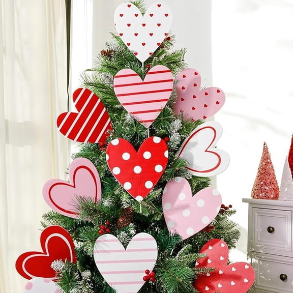 Jinswick Valentines Day Decorations Tree Ornaments: 12 pcs Extra Large Red Pink White Heart San Valentine Decorations, Cute Hear Picks Ornaments for Valentine's Day Tree Topper Home Wedding Décor