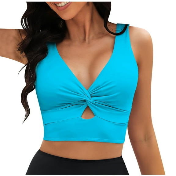 MOJOGO V Neck Tankini Tops for Women Wireless Padded Cropped Tops Twist Front Swimwear Tank Tops for Summer Vacation XXL