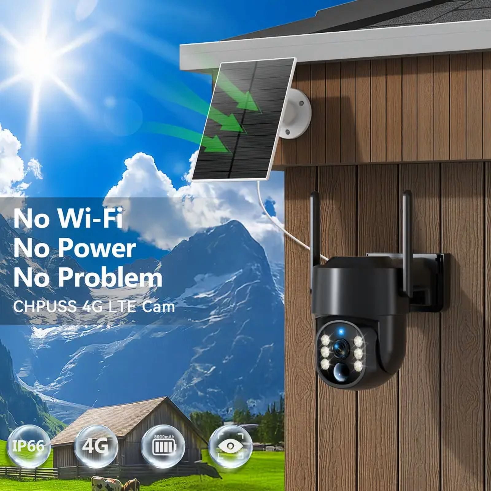 4G LTE Cellular Solar Security Camera, No WiFi Solar Powered Security Camera Outdoor, 360° Live View, 2K Color Night Vision, PIR Motion Detection, 2 Way Talk, Built in SIM Card