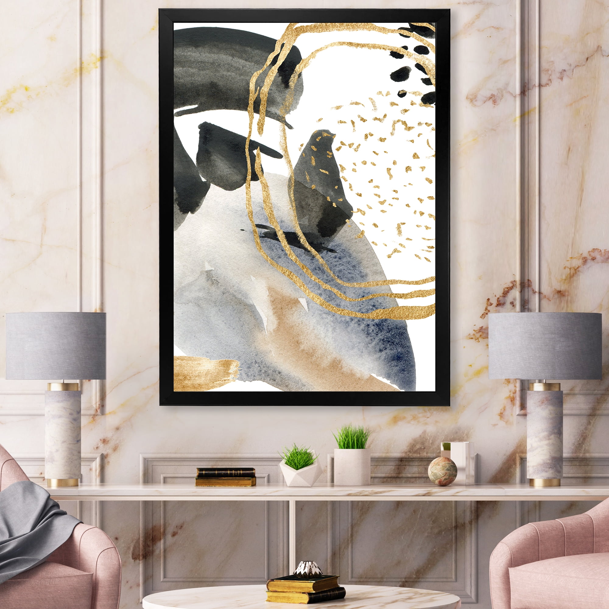 Designart 'Pastel Abstract With Black Blue Beige and Gold Spots' Modern Framed Art Print
