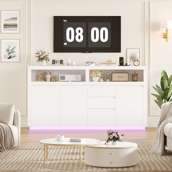 Hiphuta Farmhouse TV Stand with RGB LED, Modern Entertainment Center with Doors and Drawers, White
