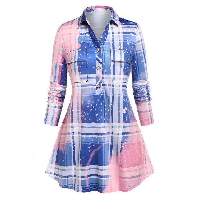 Blusa Talla Extra Media Botón Color Ombre a Cuadros Rosegal Blusas Tallas Grandes