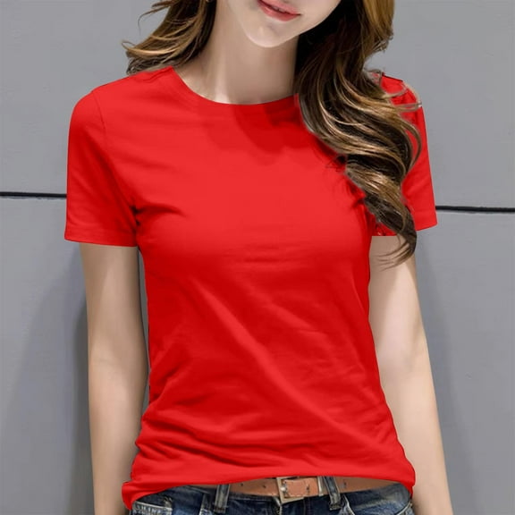 Elvqul Womens T Shirts Crew Neck Summer Tops Solid Color Blouses for Juniors Short Sleeve