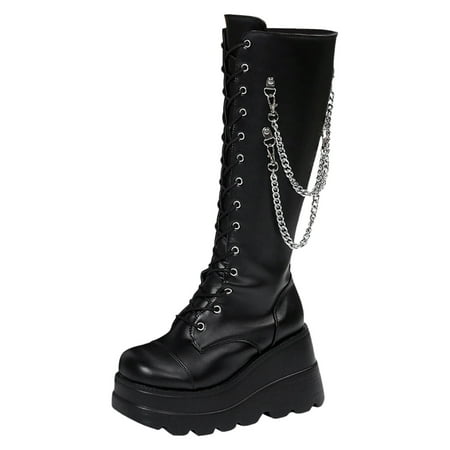 GHSOHS Cowboy Boots for Women Mid Calf Boots Black Cowgirl Boots Thick Bottom Slope Heel Chain Tall Shiny Leather Large Size Knee Boots Long Boots Comfort Rain Boots Dress Shoes Comfort Boots Size 37