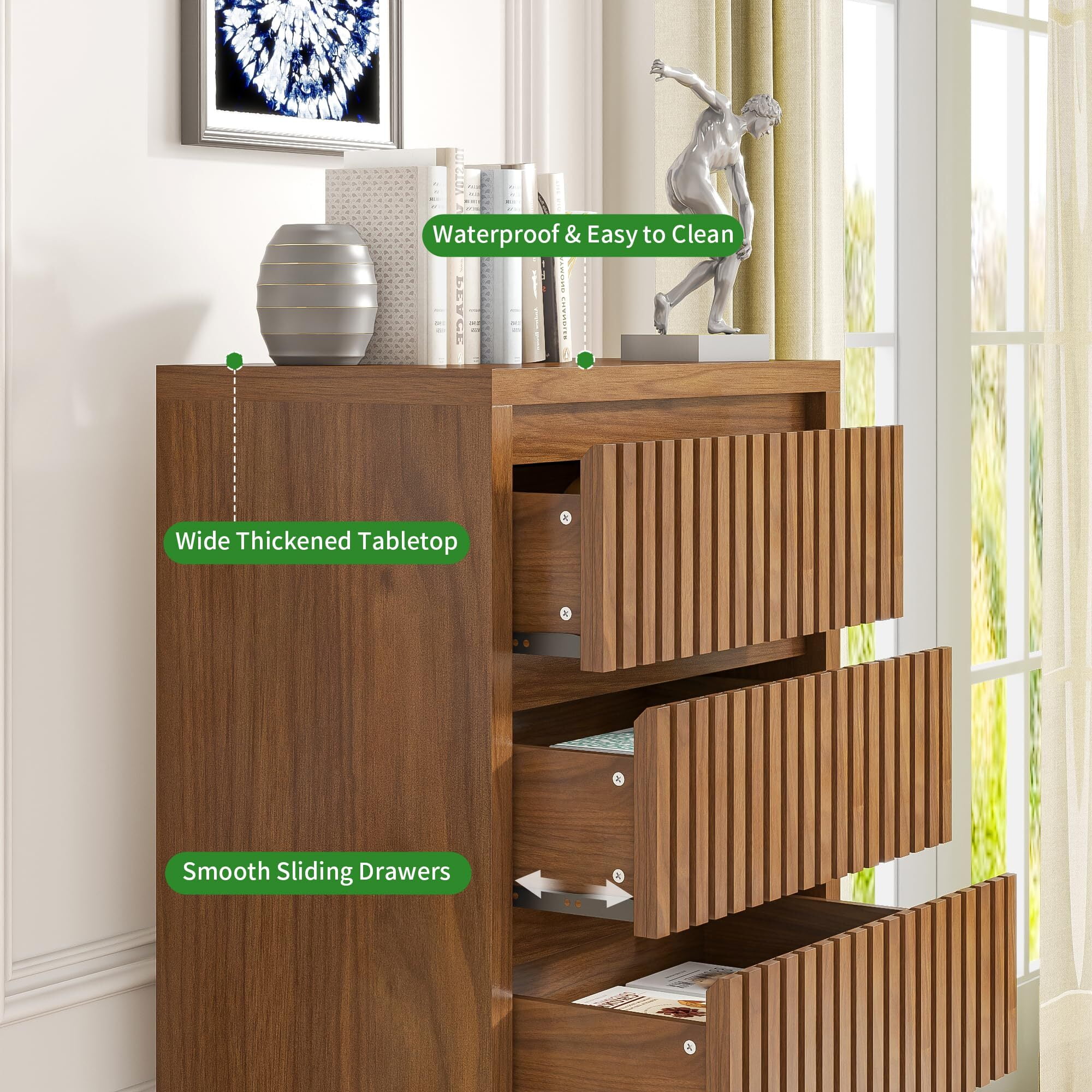 Fluted Tall 5 Drawer Dresser, 45" Mid Century Wood Chest for Bedroom, Modern Closet Clothes Storage Organizer, Walnut Brown Cabinet