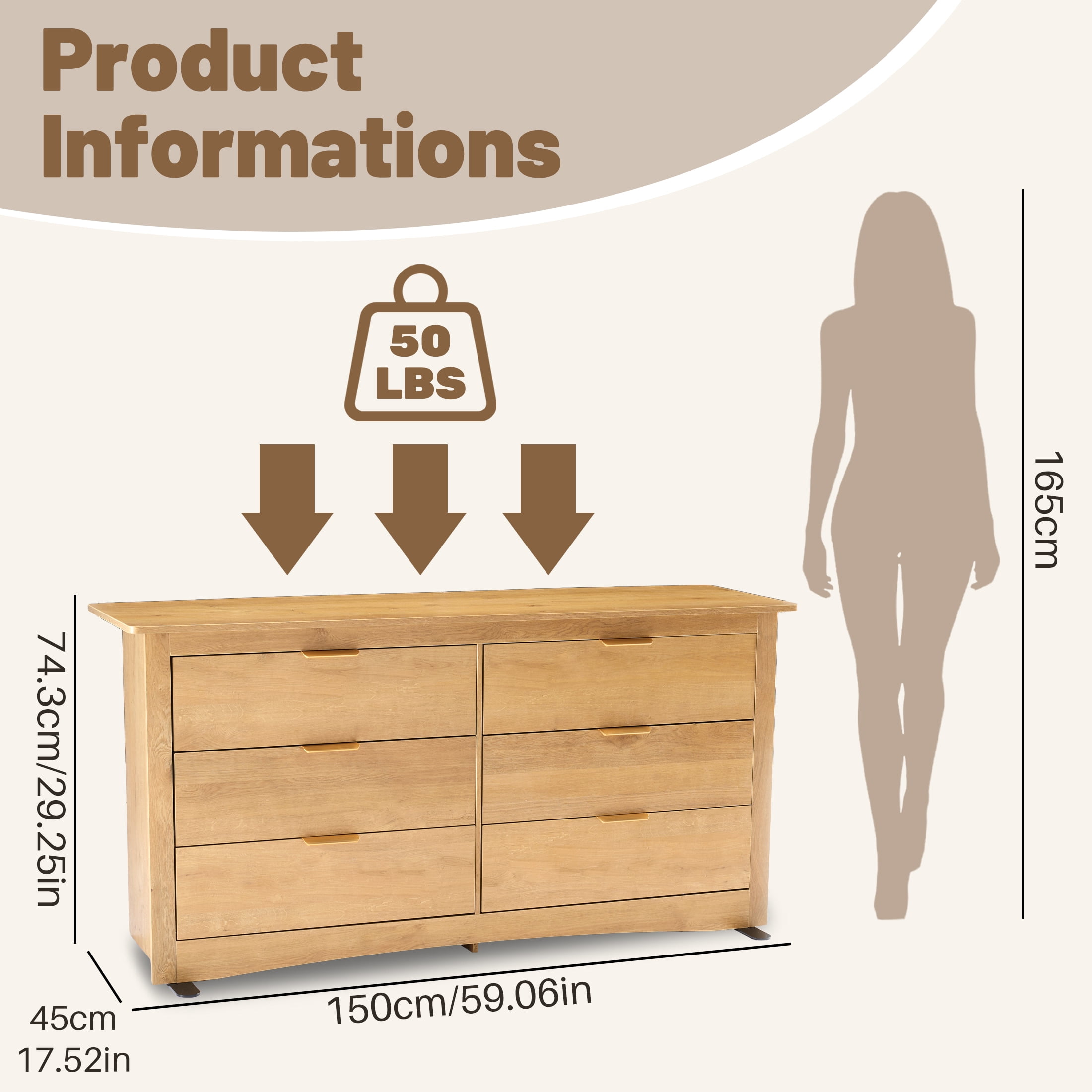 edx 59in Wood Dresser 6 Drawer, Brown Storage Cabinet, Vintage Dresser, Chest of Drawers for Bedroom and Living Room, Wood