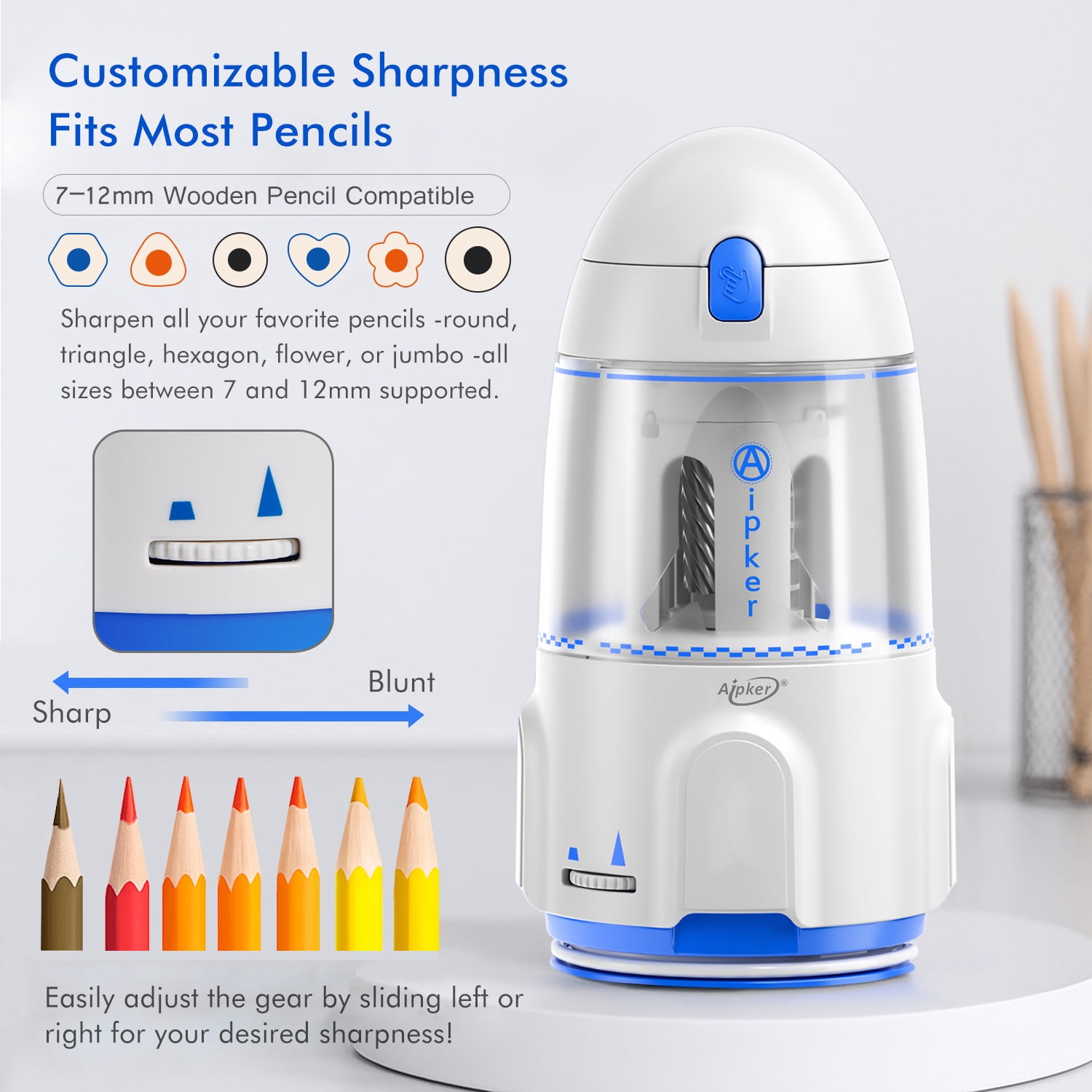 Aipker Electric Pencil Sharpener – Heavy Duty  Automatic & Rechargeable Pencil Sharpener for Classroom, School, Office, Kids Teachers, Artists & Students – Fits for Jumbo & Standard Pencils