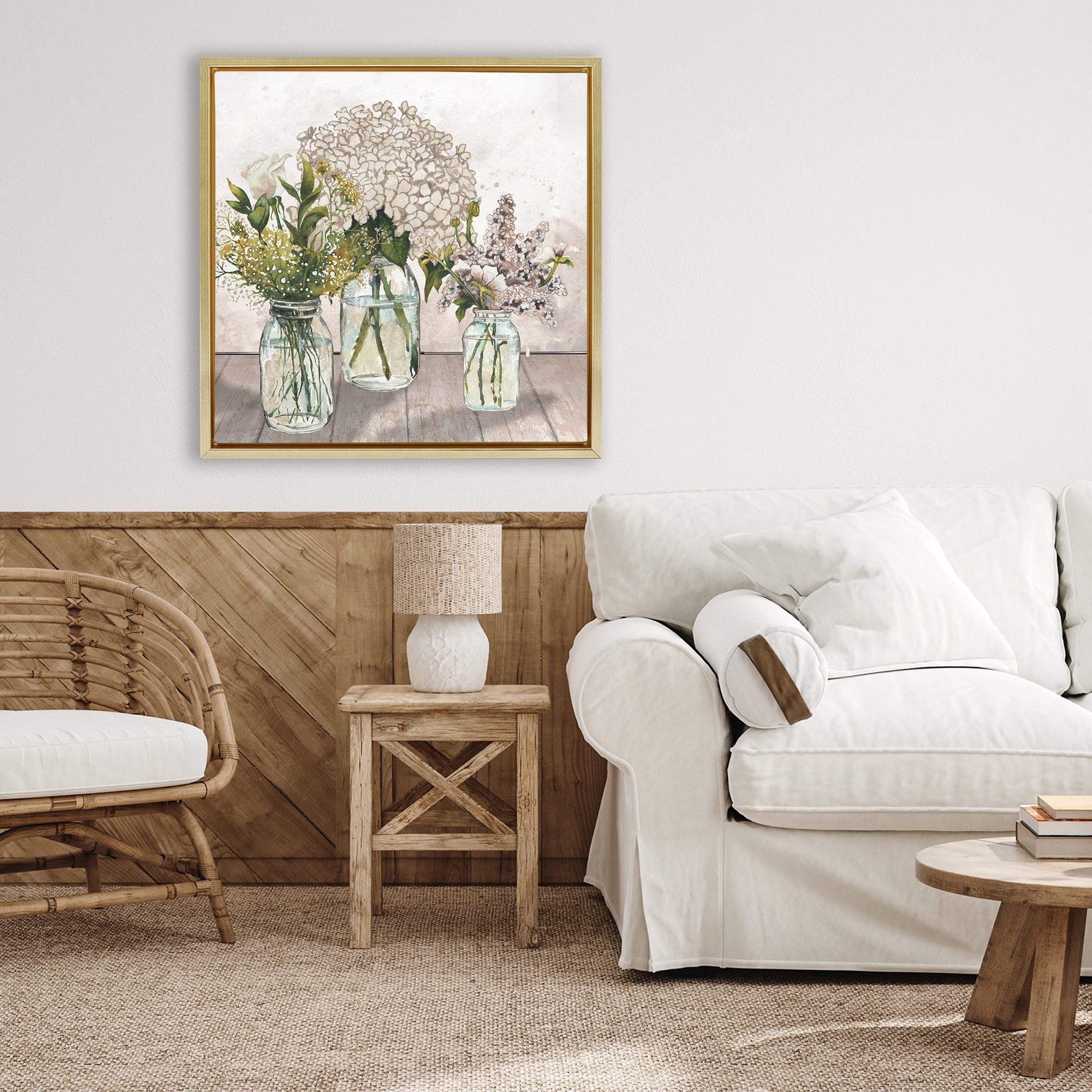 Stupell Industries Jars Of Wildflowers Gold Framed Floater Canvas Wall Art, design by Elizabeth Medley