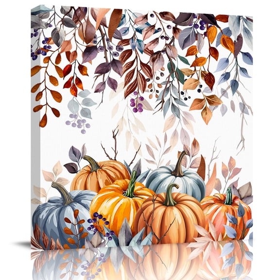 Wall Art Prints, Orange Blue Fall Framed Canvas Prints for Bedroom Living Room Bathroom Office, Thanksgiving Maple Leaf Pumpkins Gallery Wrap Wall Art Poster for Gifts Home Decor 12"x12"