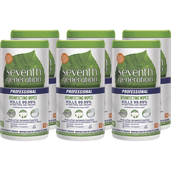 Seventh Generation® Professional Disinfecting Multi-Surface Wipes, 8" x 7", Lemongrass Citrus, 70 Wipes Per Canister, Carton Of 6 Canisters