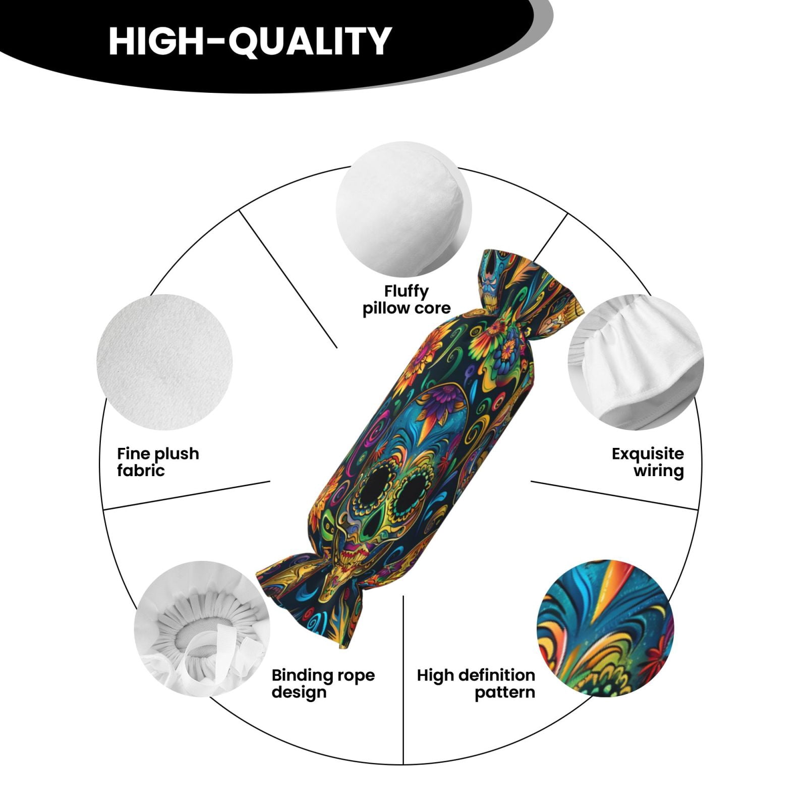 Candy Throw Pillow Travel Cervical Pillow Cylindrical Neck Body Cushion With Insert For Bed Couch Home Decor 9.8x24.4in Festive Sugar Skulls (10)