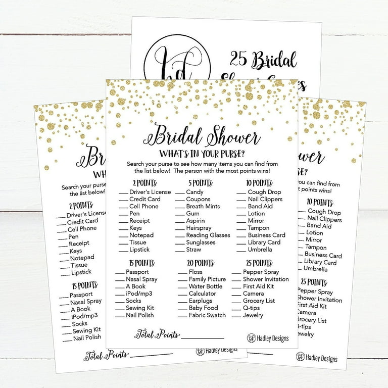 Bridal Shower Game - What's In Your Purse? 30 Kraft Paper Game Cards For Wedding Parties