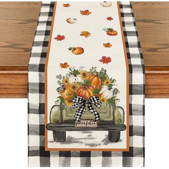Buffalo Plaid Truck Pumpkin Fall Table Runner, Seasonal Autumn Floral Kitchen Dining Table Decoration for Home Party Decor 13x72 Inch